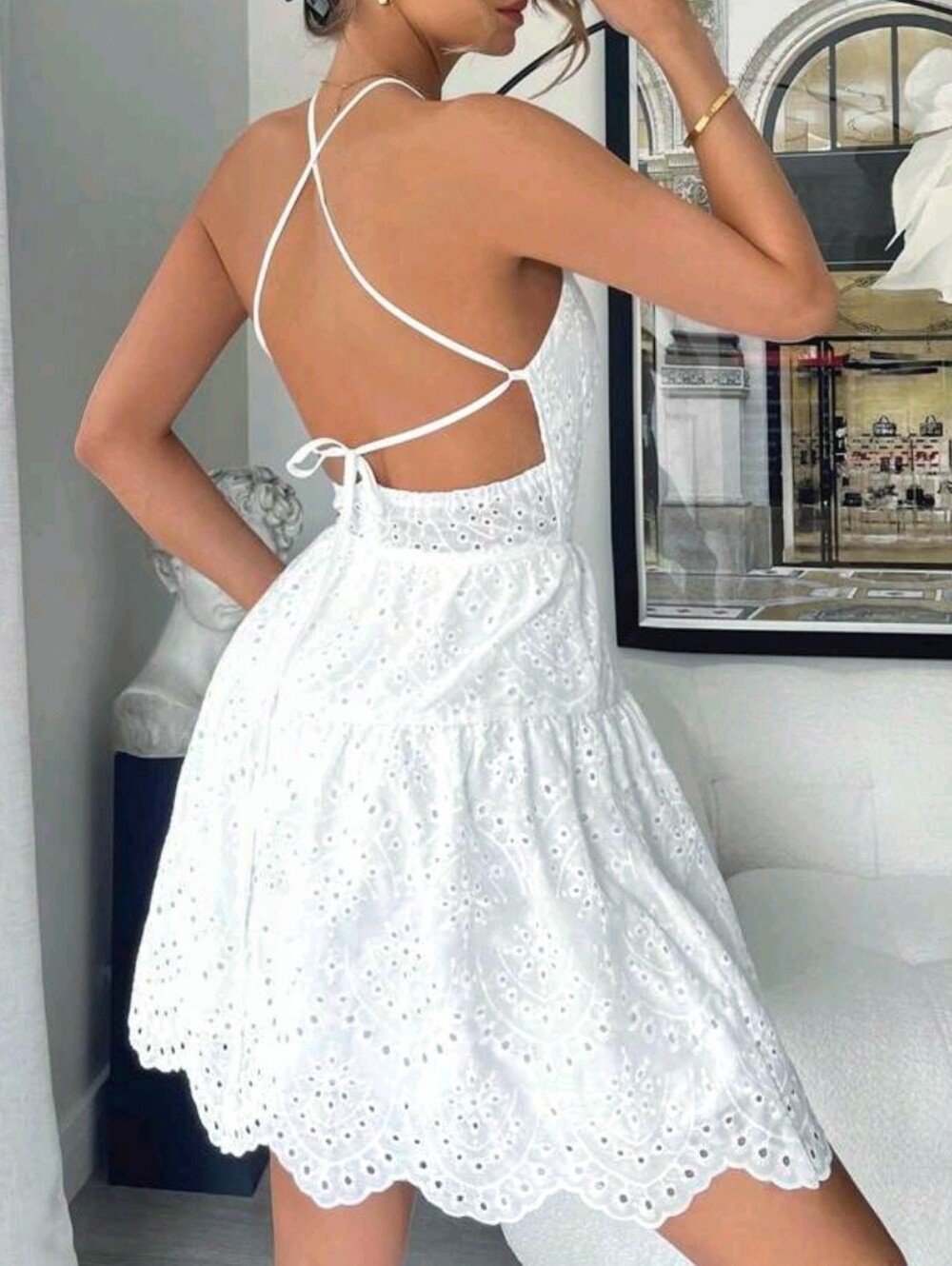 Sheer Lace Satrppy White Mini Dress